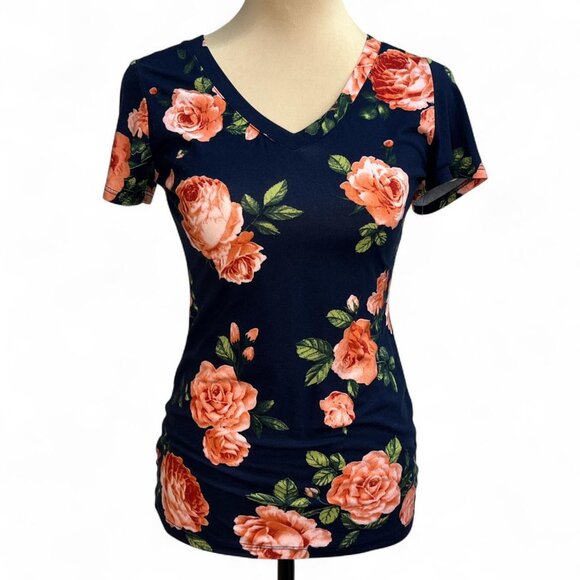 Heart Hips Tops - Heart Hips Women’s Navy Floral V‑Neck Short Sleeve Stretch Top Size Medium